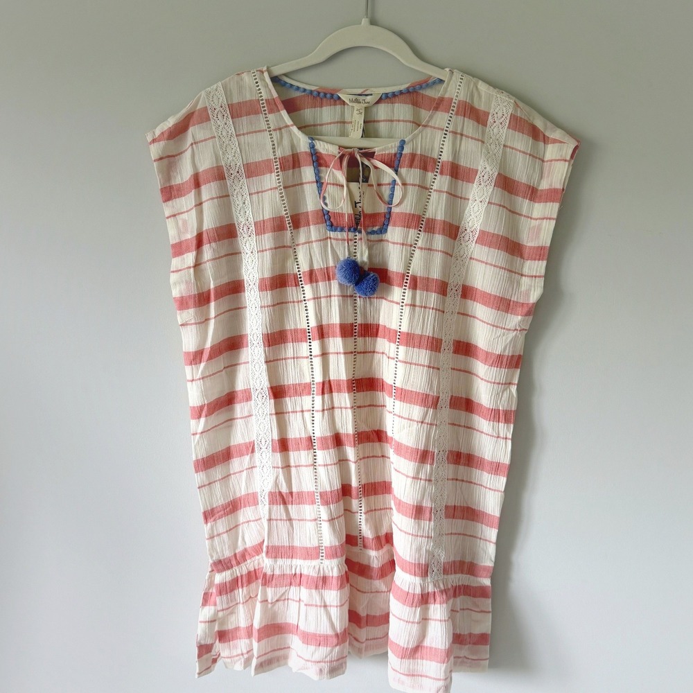 Matilda Jane Coral Ivory Striped Cotton Gauze Beach Cover Top Pom Pom Lace S NEW
